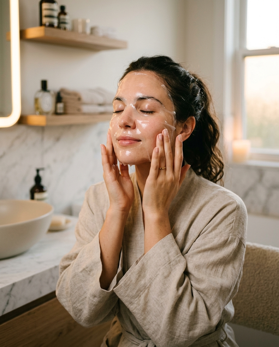 Woman applying Bio Collagen Overnight Glow Mask – lifestyle