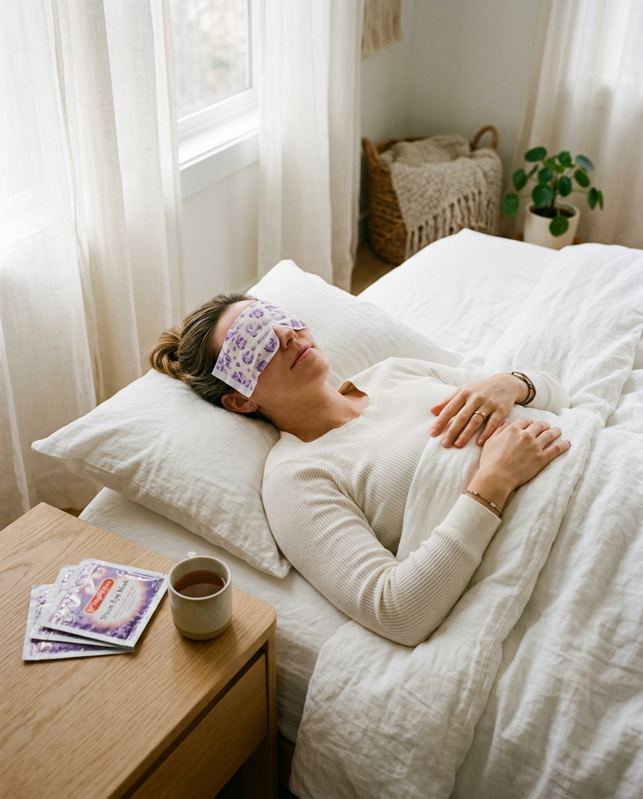 Woman relaxing with Self-Heating Eye Mask – lifestyle