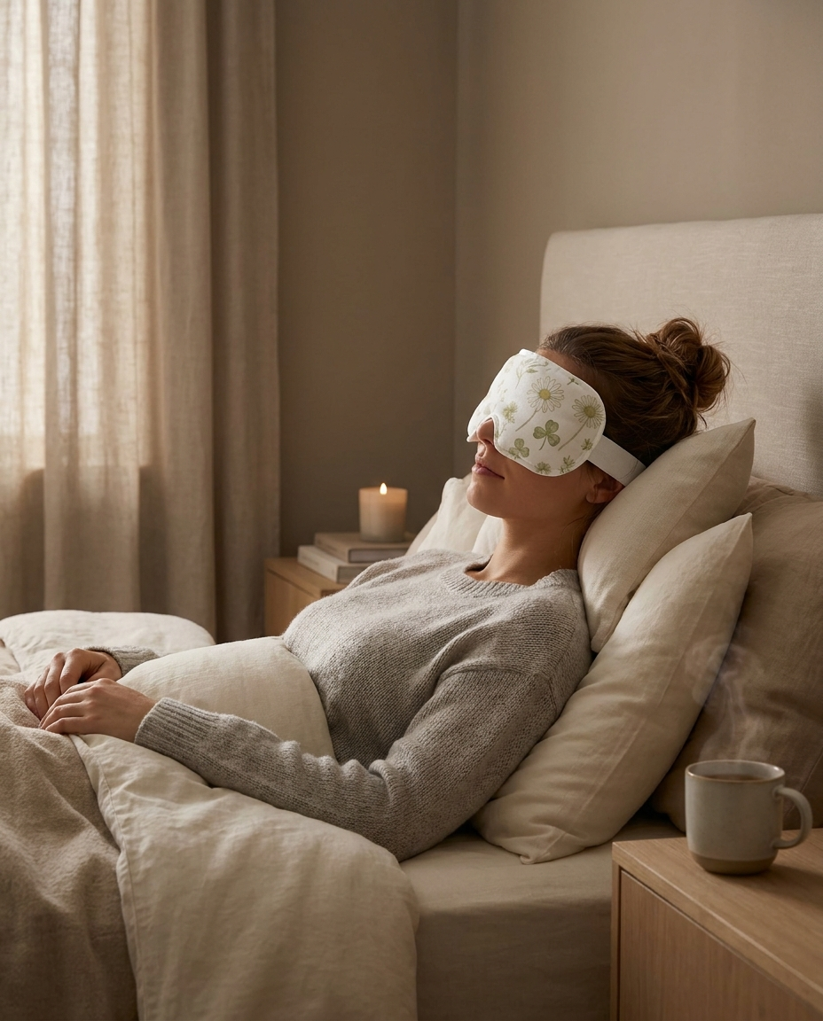 Woman relaxing with a green-floral self-heating warming eye mask in a cozy bedroom