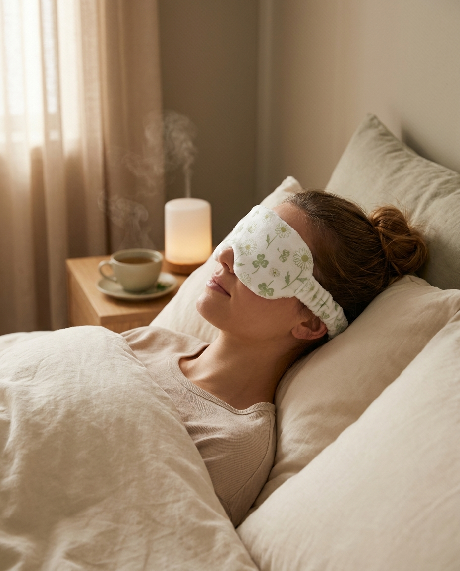 Person unwinding in the evening wearing a green-floral warming eye mask