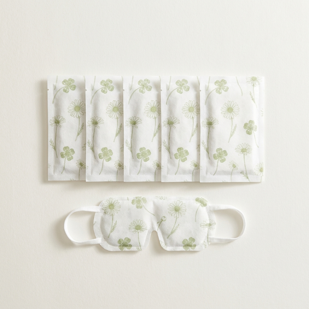 Five individually wrapped self-heating eye masks with a soft green botanical print