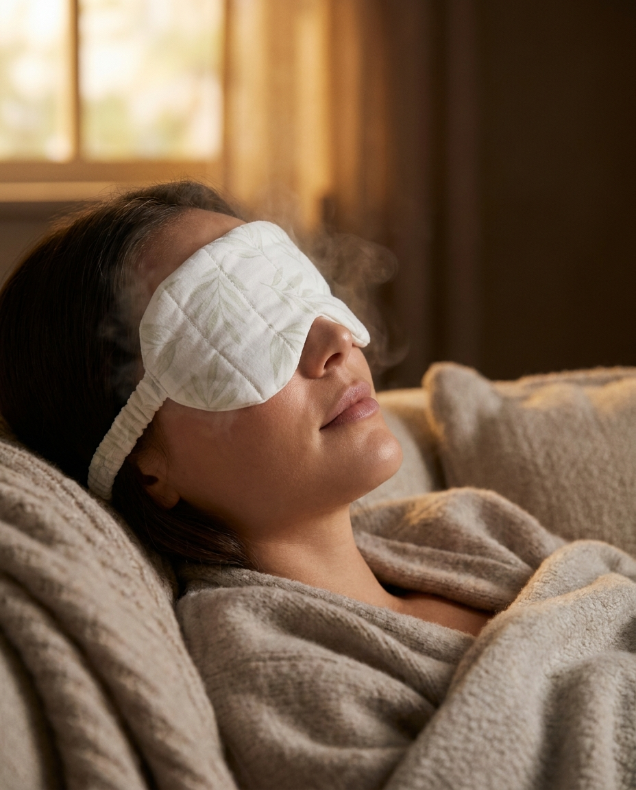 Close-up of a warming eye mask with green botanical print resting over closed eyes